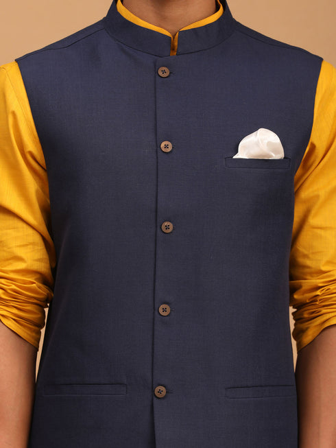 Vastramay Men's Navy Blue Solid Cotton Nehru Jacket With Mustard Kurta And White Pyjama Set